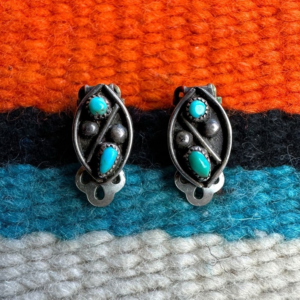 Vintage Zuni Turquoise Clip On Earrings 925 Sterling Silver Native American